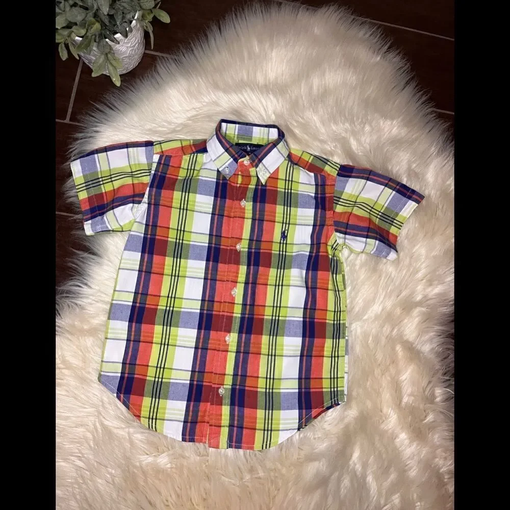 Ralph Lauren orange/lime green/white/royal blue button down boys sz 5